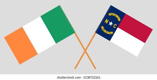 Crossed flags of Ireland and The State of North Carolina. Official colors. Correct proportion. Vector illustration
