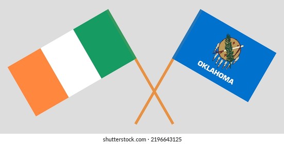 Crossed flags of Ireland and The State of Oklahoma. Official colors. Correct proportion. Vector illustration
