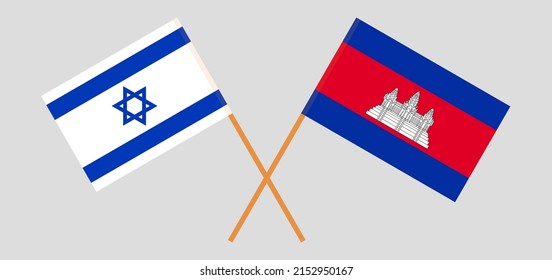 Crossed flags of Israel and Cambodia. Official colors. Correct proportion. Vector illustration
