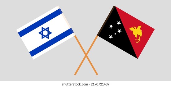 Crossed flags of Israel and Papua New Guinea. Official colors. Correct proportion. Vector illustration

