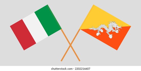 Crossed flags of Italy and Bhutan. Official colors. Correct proportion. Vector illustration
