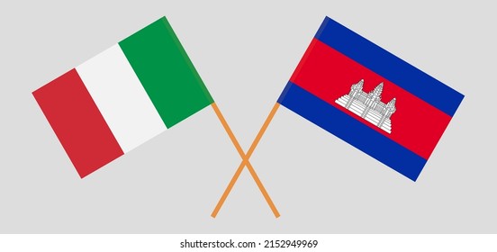 Crossed flags of Italy and Cambodia. Official colors. Correct proportion. Vector illustration
