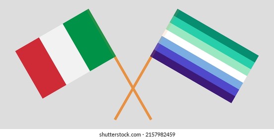 Crossed flags of Italy and gay men pride. Official colors. Correct proportion. Vector illustration
