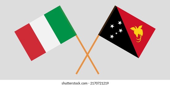 Crossed flags of Italy and Papua New Guinea. Official colors. Correct proportion. Vector illustration
