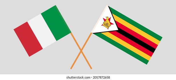 Crossed flags of Italy and the Republic of Zimbabwe. Official colors. Correct proportion