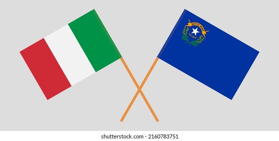 Crossed flags of Italy and The State of Nevada. Official colors. Correct proportion. Vector illustration
