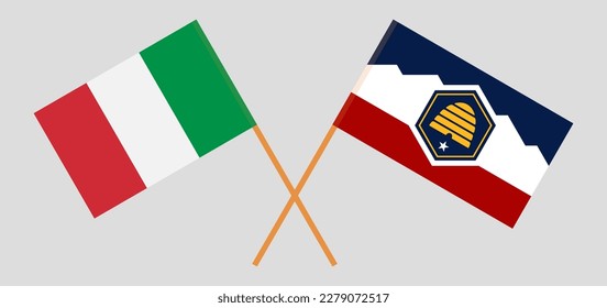 Crossed flags of Italy and The State of Utah. Official colors. Correct proportion. Vector illustration