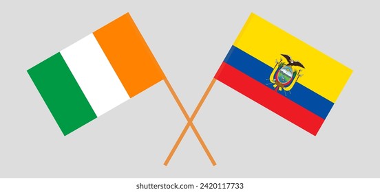 Überquerte Flaggen von Côte d'Ivoire und Ecuador. Offizielle Farben. Richtiger Anteil. Vektorgrafik

