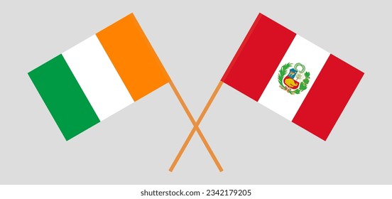 Crossed flags of Ivory Coast and Peru. Official colors. Correct proportion. Vector illustration
