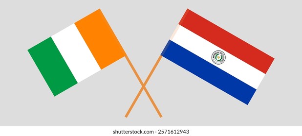 Crossed flags of Ivory Coast and Republic of Paraguay. Official colors. Correct proportion. Vector illustration.
