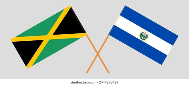 Crossed flags of Jamaica and El Salvador. Official colors. Correct proportion. Vector illustration
