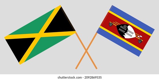 Crossed flags of Jamaica and Eswatini. Official colors. Correct proportion. Vector illustration
