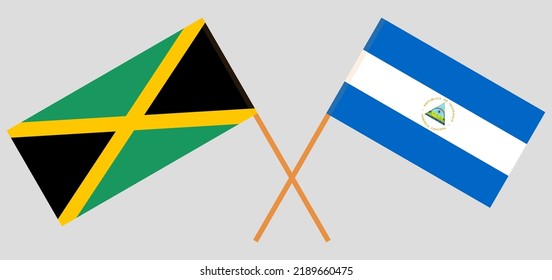 Crossed flags of Jamaica and Nicaragua. Official colors. Correct proportion. Vector illustration
