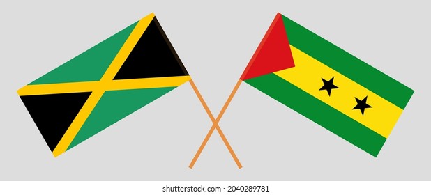 Crossed flags of Jamaica and Sao Tome and Principe. Official colors. Correct proportion