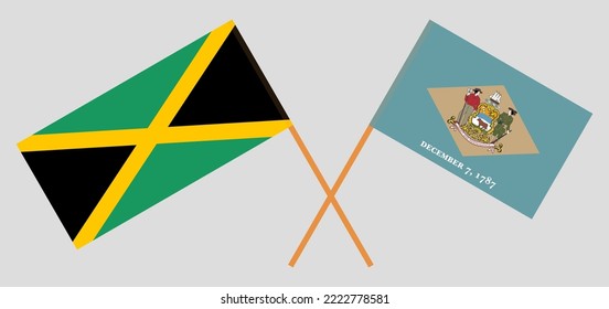 Crossed flags of Jamaica and The State of Delaware. Official colors. Correct proportion. Vector illustration
