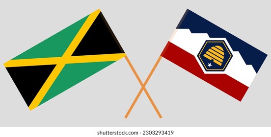 Crossed flags of Jamaica and The State of Utah. Official colors. Correct proportion. Vector illustration
