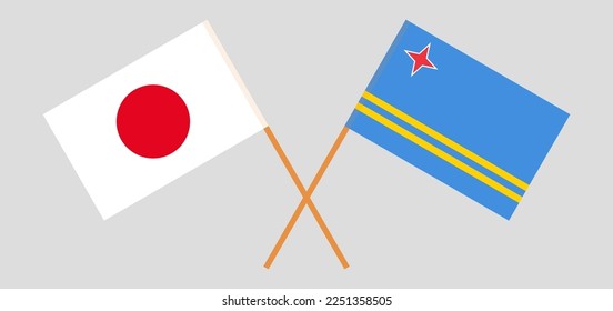 Crossed flags of Japan and Aruba. Official colors. Correct proportion. Vector illustration
