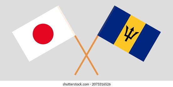 Crossed flags of Japan and Barbados. Official colors. Correct proportion. Vector illustration