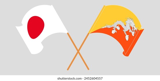 Crossed flags of Japan and Bhutan. Official colors. Correct proportion. Vector illustration
