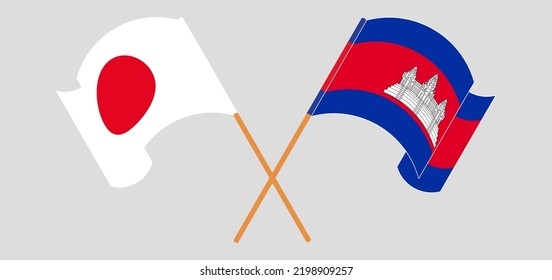 Crossed flags of Japan and Cambodia. Official colors. Correct proportion. Vector illustration
