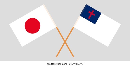 Banderas cruzadas de Japón y cristiandad. Colores oficiales. Proporción correcta. Ilustración del vector