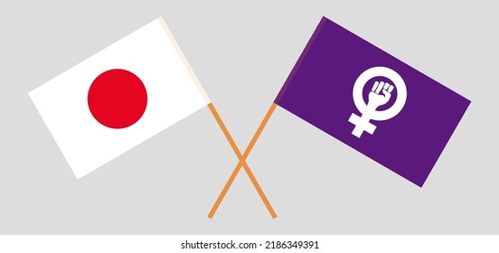 Crossed flags of Japan and Feminism. Official colors. Correct proportion. Vector illustration
