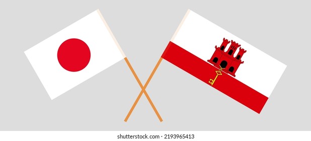 Crossed flags of Japan and Gibraltar. Official colors. Correct proportion. Vector illustration
