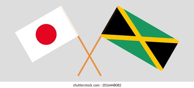 Crossed flags of Japan and Jamaica. Official colors. Correct proportion