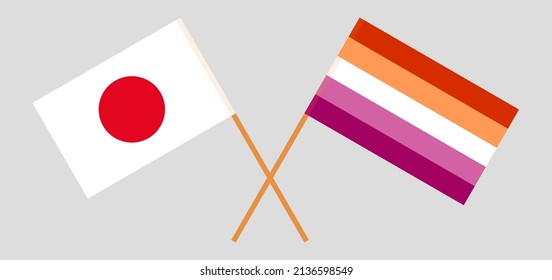 Crossed flags of Japan and Lesbian Pride. Official colors. Correct proportion. Vector illustration