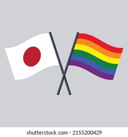 Banderas cruzadas de Japón y movimiento del Orgullo. Aislado sobre fondo claro.