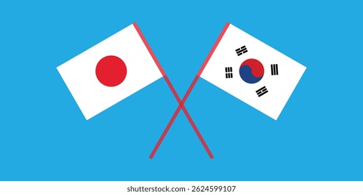 Bandeiras cruzadas do Japão e da Coreia do Sul. As bandeiras coreana e japonesa.