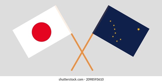 Crossed flags of Japan and the State of Alaska. Official colors. Correct proportion. Vector illustration
