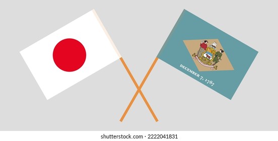 Crossed flags of Japan and The State of Delaware. Official colors. Correct proportion. Vector illustration
