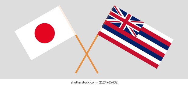 Crossed flags of Japan and The State Of Hawaii. Official colors. Correct proportion. Vector illustration
