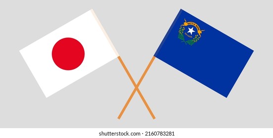 Crossed flags of Japan and The State of Nevada. Official colors. Correct proportion. Vector illustration
