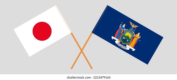 Crossed flags of Japan and The State of New York. Official colors. Correct proportion. Vector illustration
