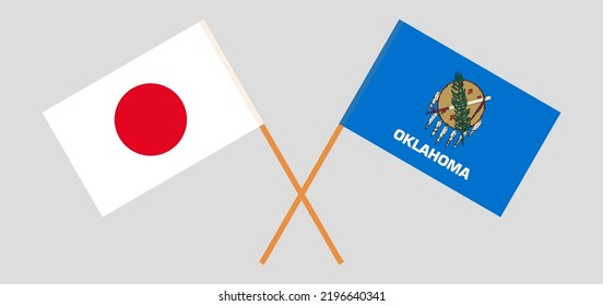 Crossed flags of Japan and The State of Oklahoma. Official colors. Correct proportion. Vector illustration
