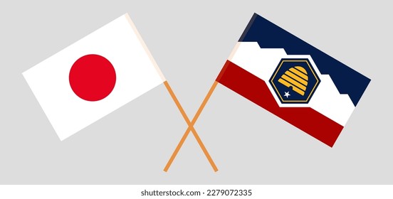 Crossed flags of Japan and The State of Utah. Official colors. Correct proportion. Vector illustration