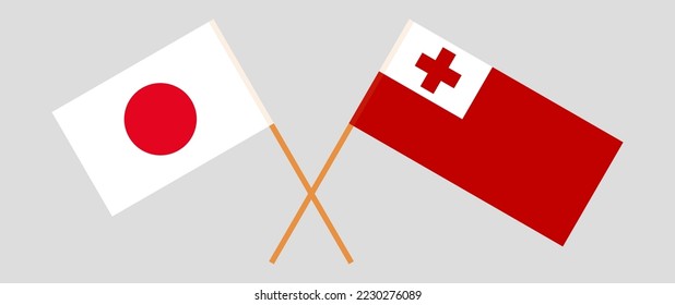 Crossed flags of Japan and Tonga. Official colors. Correct proportion. Vector illustration
