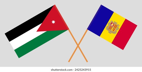 Crossed flags of Jordan and Andorra. Official colors. Correct proportion. Vector illustration
