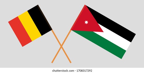 Crossed flags of Jordan and Belgium. Official colors. Correct proportion. Vector illustration
