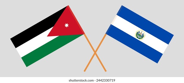 Crossed flags of Jordan and El Salvador. Official colors. Correct proportion. Vector illustration
