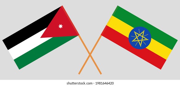 Crossed flags of Jordan and Ethiopia. Official colors. Correct proportion