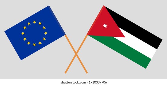 Banderas cruzadas de Jordania y la Unión Europea. Colores oficiales. Proporción correcta. Ilustración del vector
