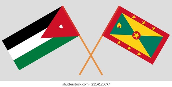 Banderas cruzadas de Jordania y Granada. Colores oficiales. Proporción correcta. Ilustración del vector
