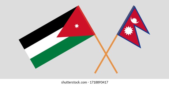 Crossed flags of Jordan and Nepal. Official colors. Correct proportion. Vector illustration
