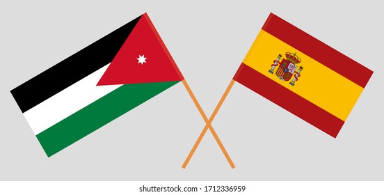 Crossed flags of Jordan and Spain. Official colors. Correct proportion. Vector illustration
