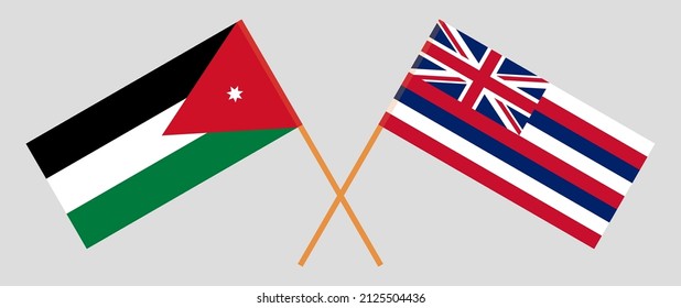 Crossed flags of Jordan and The State Of Hawaii. Official colors. Correct proportion. Vector illustration
