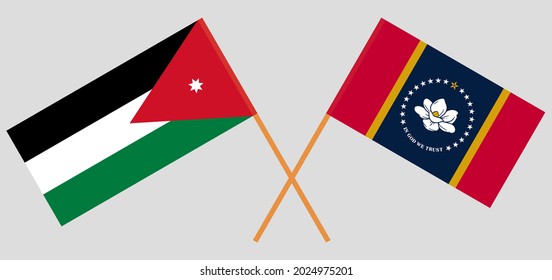Crossed flags of Jordan and the State of Mississippi. Official colors. Correct proportion