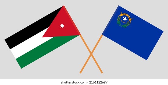 Banderas cruzadas de Jordania y el Estado de Nevada. Colores oficiales. Proporción correcta. Ilustración del vector
